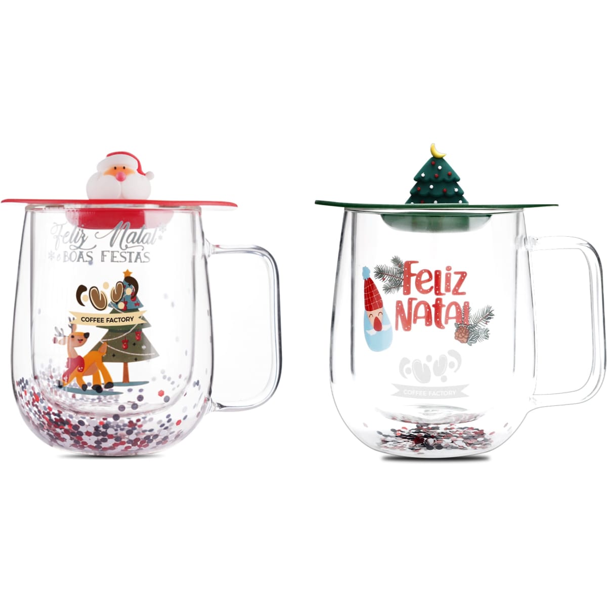 A double wall mug featuring festive designs with a Santa and a Christmas tree, in clear and colourful plastic.