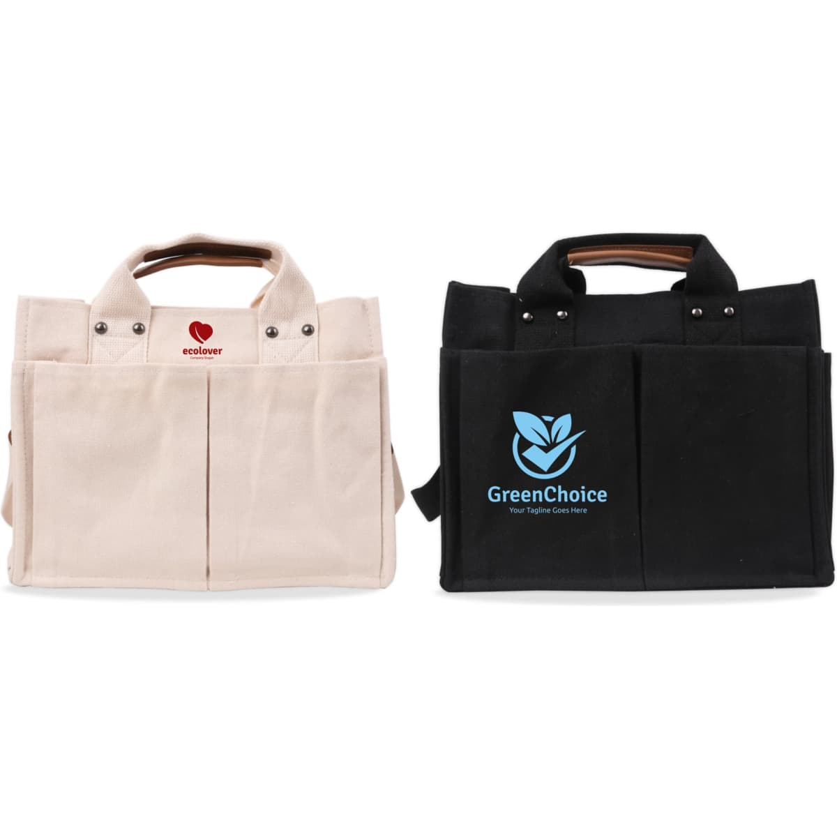 Two canvas tote bags, one in cream and one in black, both with handles and a logo on the black bag.