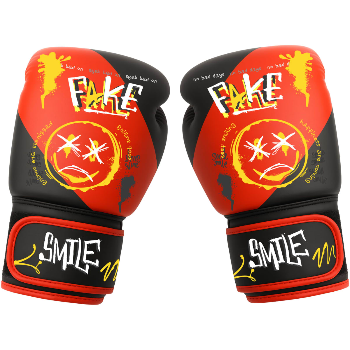Red and black adult training boxing gloves with a bold design featuring graffiti-style text and a logo.