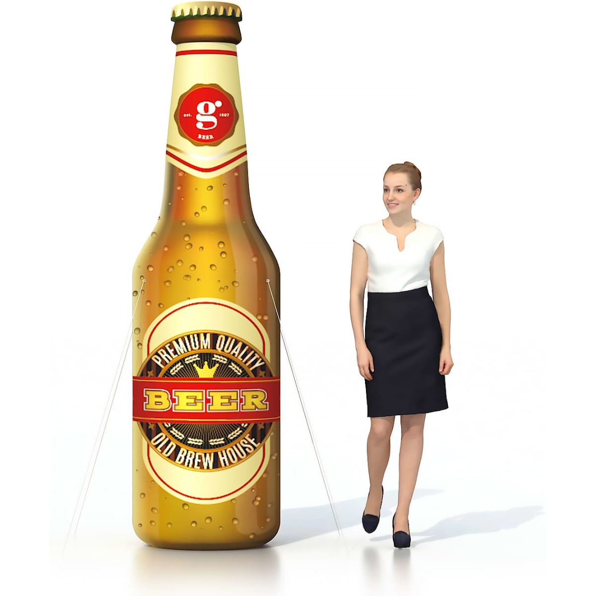 An inflatable beer bottle in brown with a label and a woman in a black skirt and white top beside it.