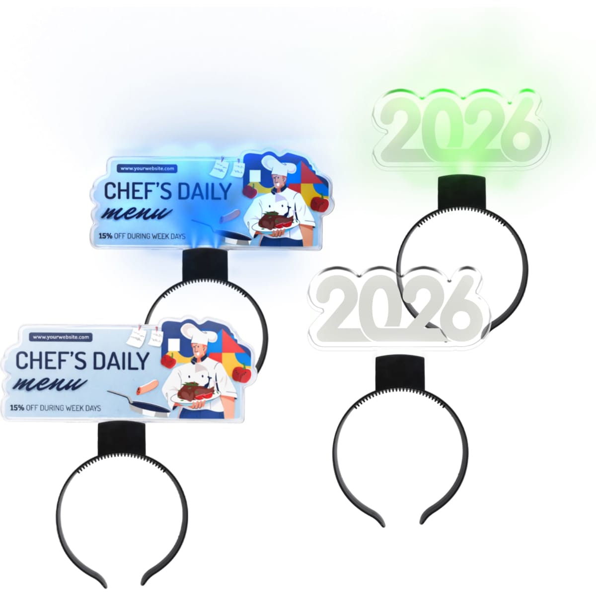 A promotional headband featuring an acrylic sign with a green light and a 2026 design, with a black band.