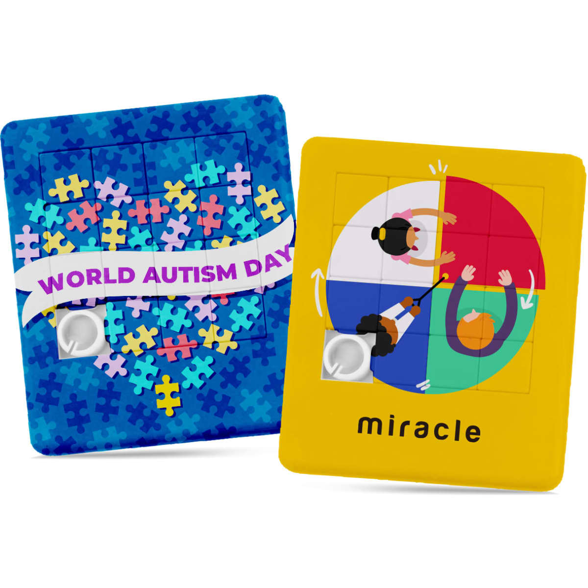 A vibrant sliding puzzle featuring colourful puzzle pieces and illustrations related to World Autism Day, with a branding logo.
