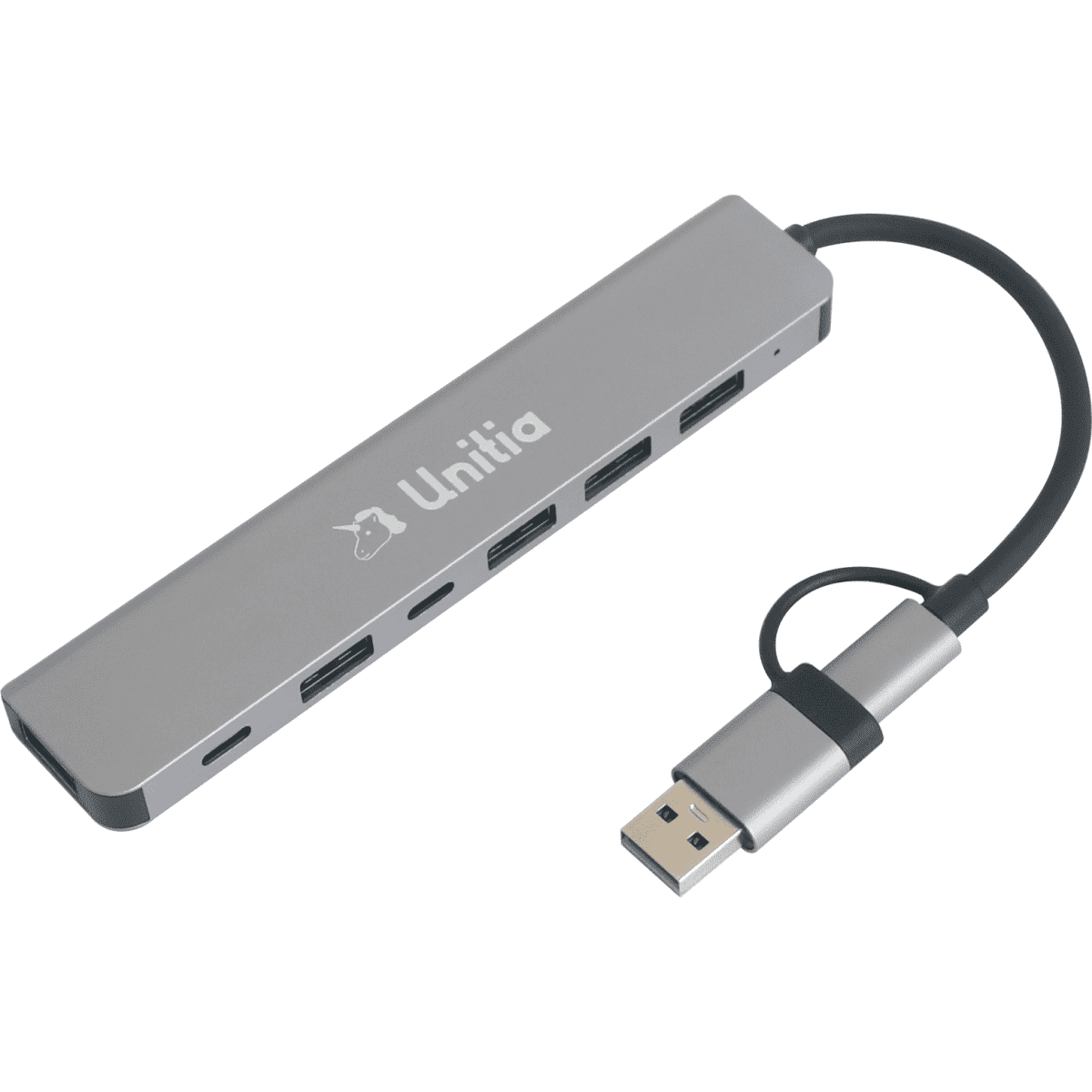 A silver 7-in-1 USB hub with multiple ports and a connected USB cable. It features a logo.