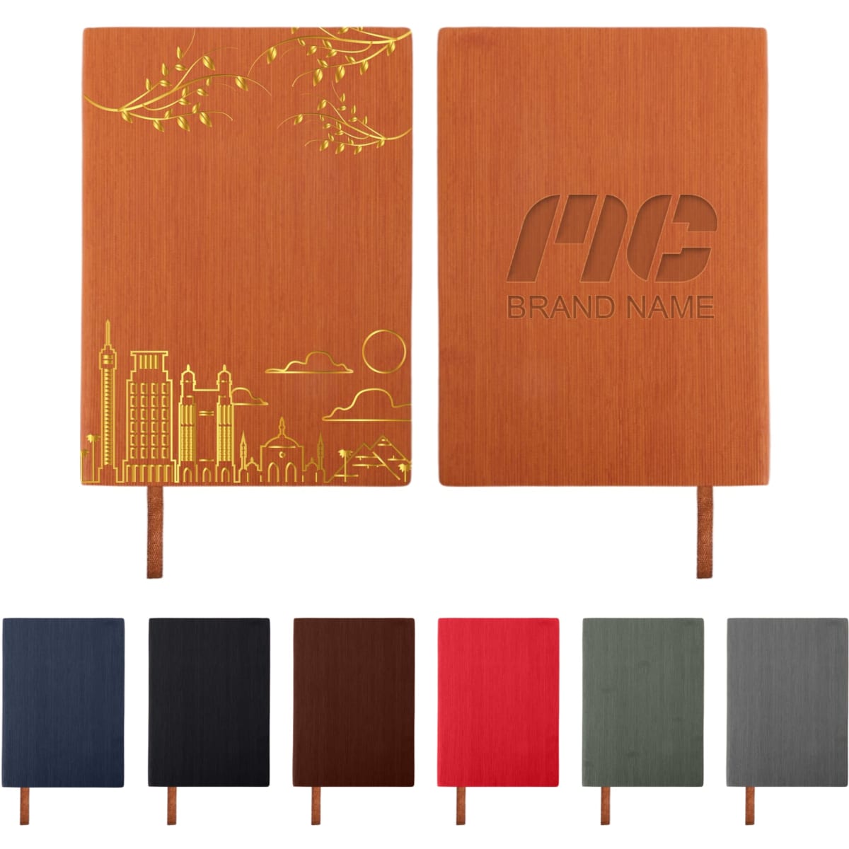A5 PU leather notebook featuring a range of colours, with decorative designs and a logo on the cover.