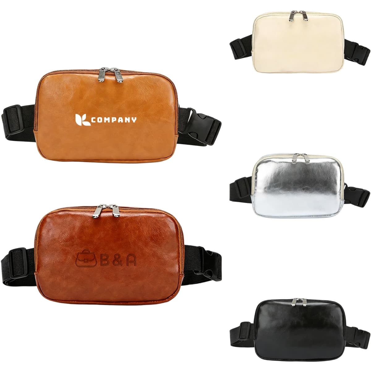 A collection of polyurethane fanny packs in brown, cream, silver, and black, featuring zippers and adjustable straps.