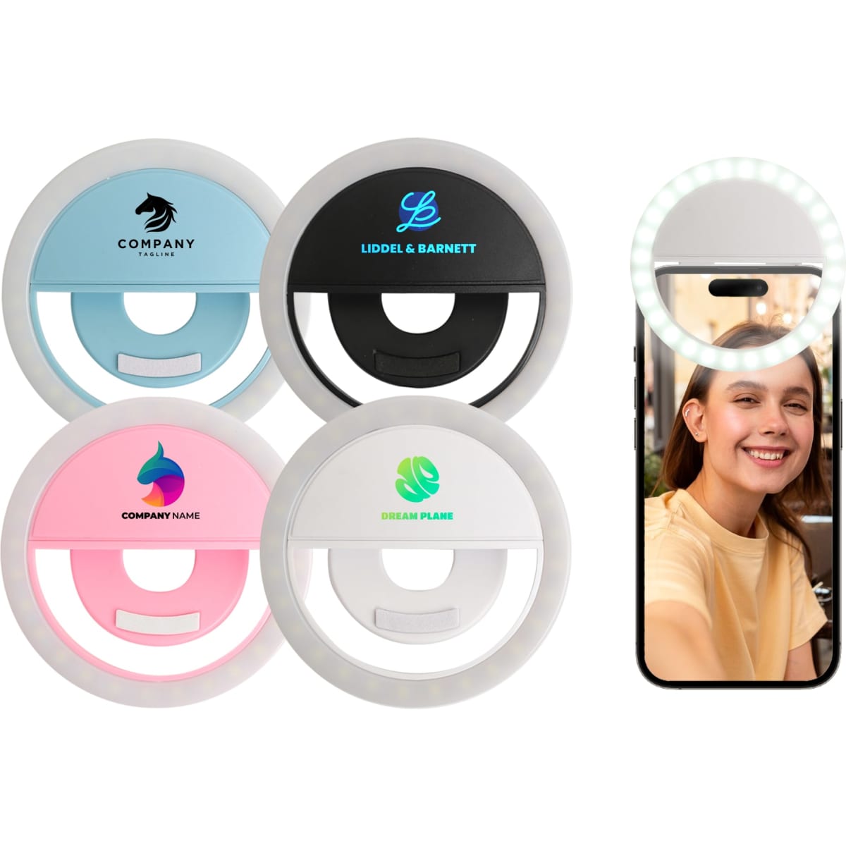 A set of four ring selfie lights in pink, blue, black, and white, along with a smartphone displaying one in use.