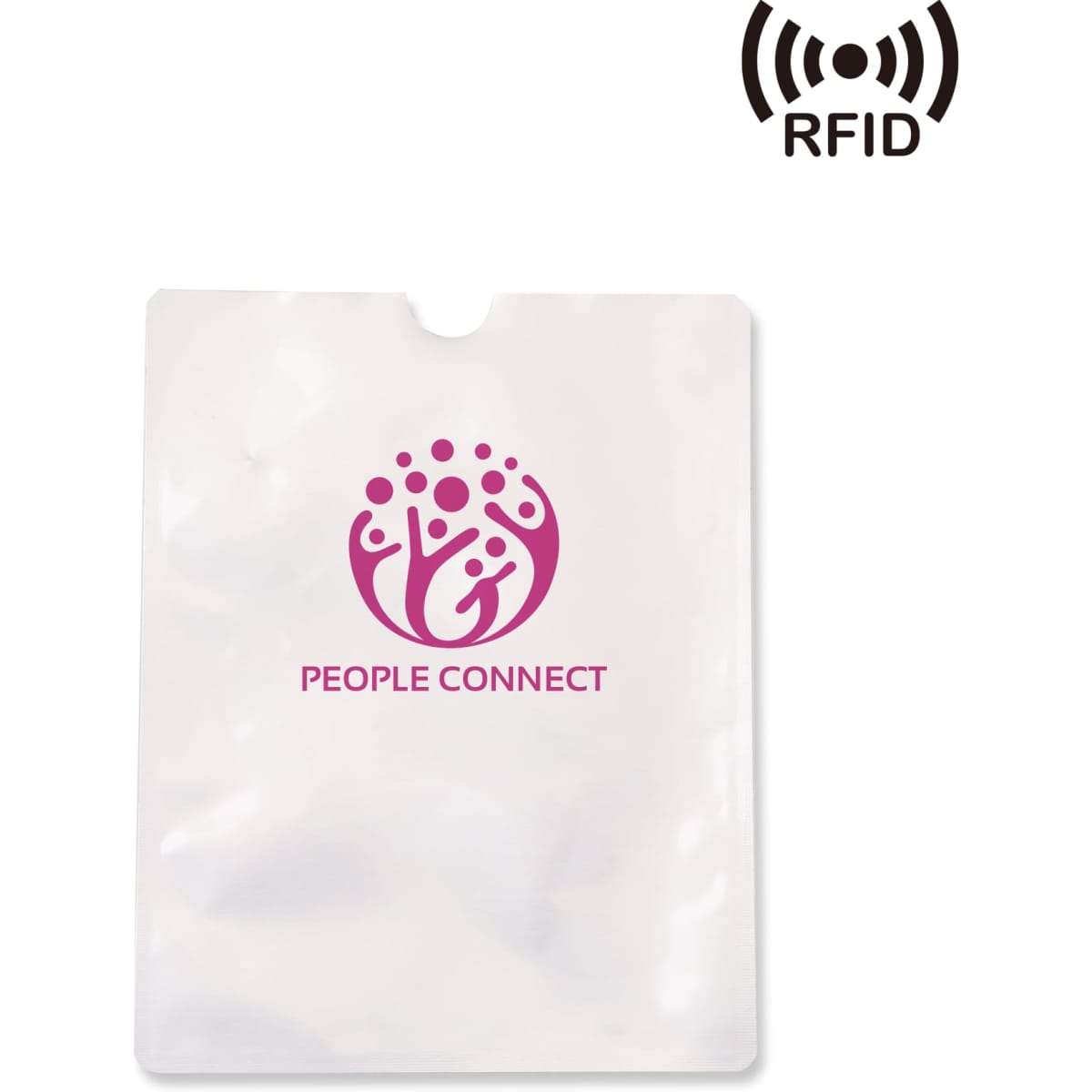A white RFID passport holder featuring a pink logo. The design is sleek and minimalist, ideal for travel.