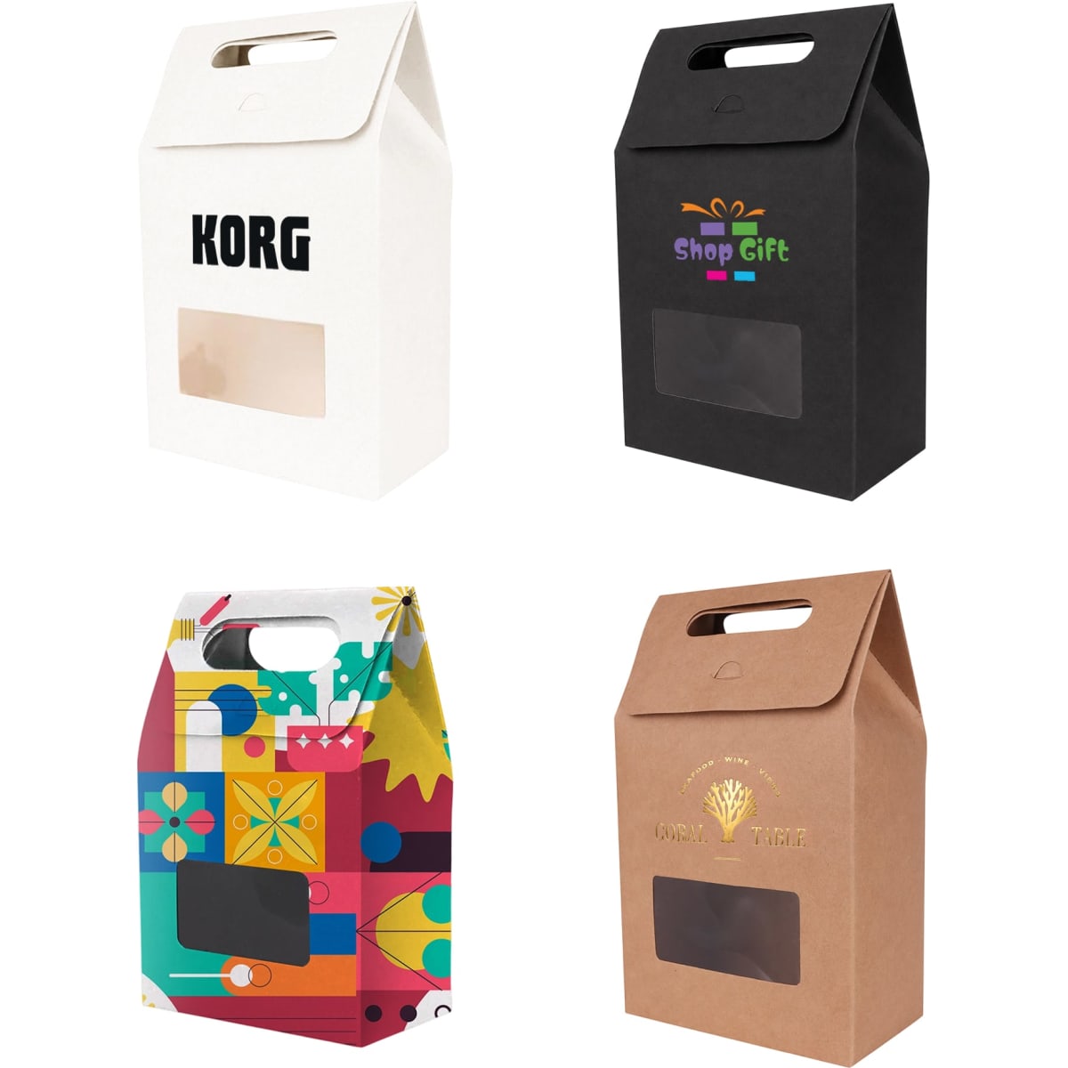 A selection of die cut handle bags in white, black, brown, and colourful designs, each with a window and branding.