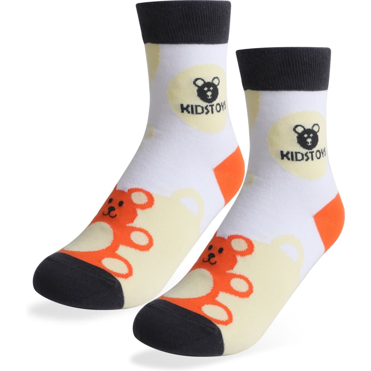 Colourful woven socks featuring a playful bear pattern, with a logo, in shades of yellow, orange, and black.