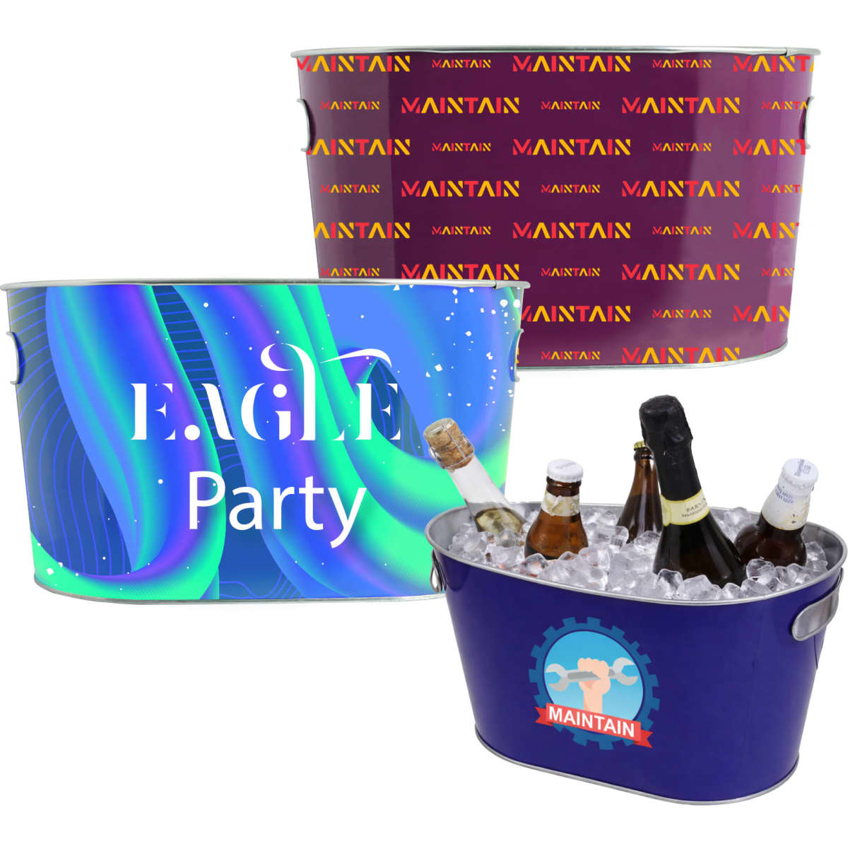 A set of three oval ice buckets in varying designs and colours, featuring one with a logo.