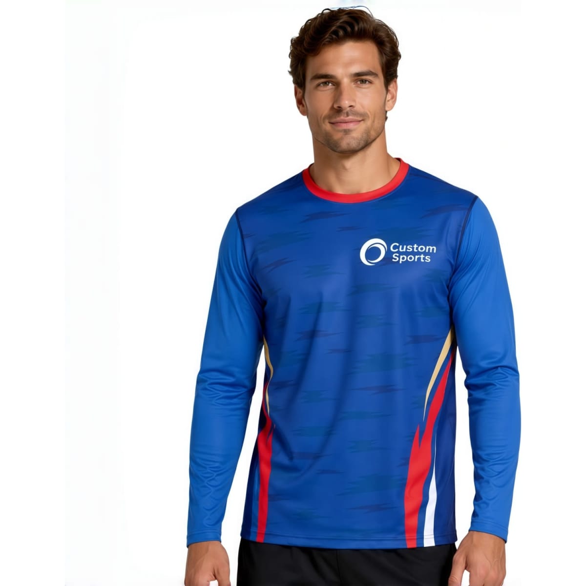 A long-sleeved T-shirt in blue with red accents, featuring a logo on the chest. Made from polyester and spandex.