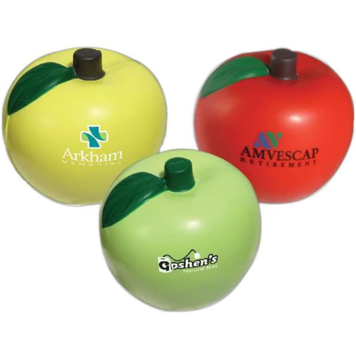 Three apple-shaped stress relievers in red, green, and yellow, featuring various logos.