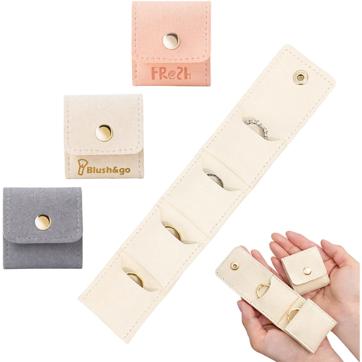 Mini synthetic leather jewellery bag available in pink, beige, and grey, featuring multiple compartments and a secure snap closure.
