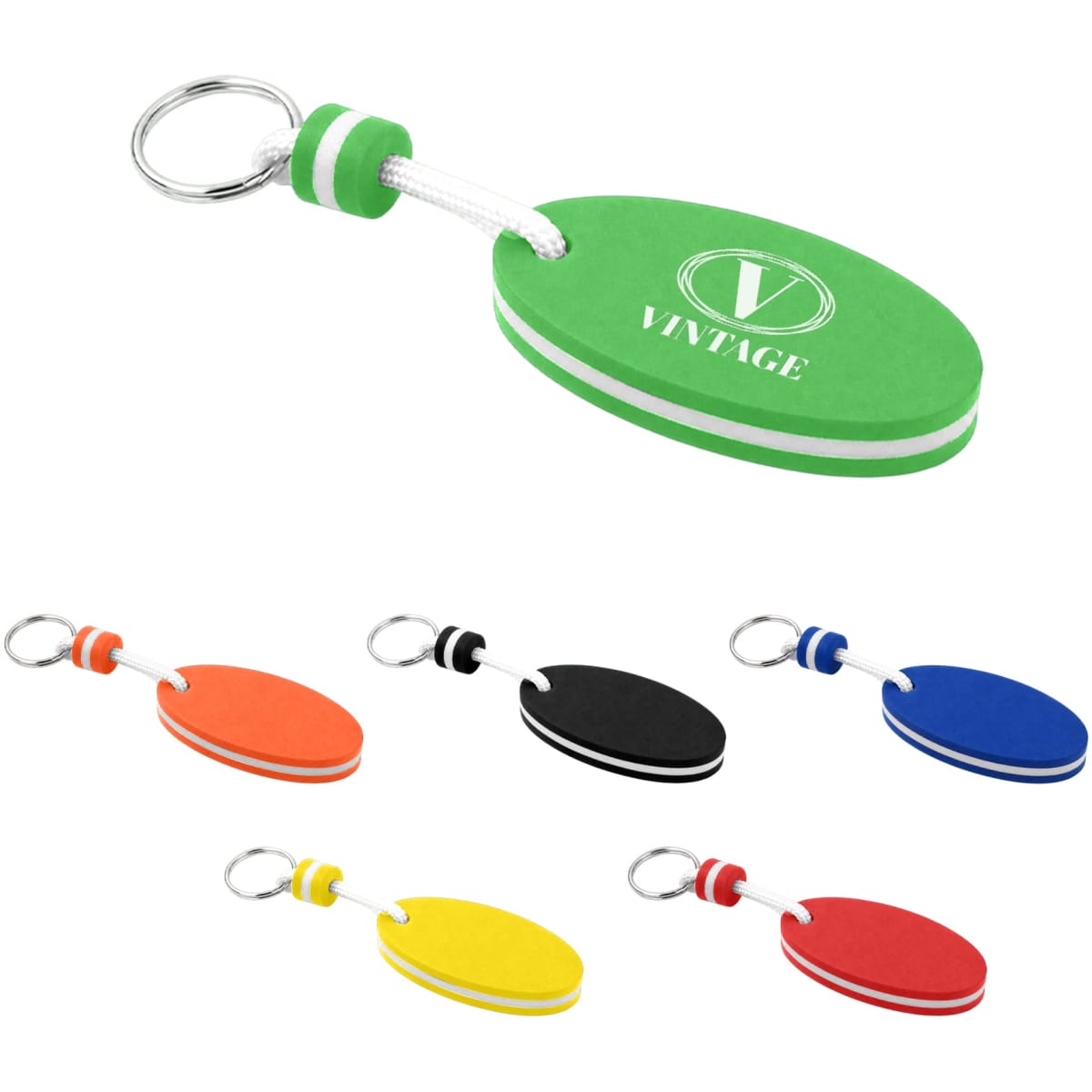 A set of EVA floating keychains in green, orange, red, yellow, black, and blue, each with a metal ring and branding.