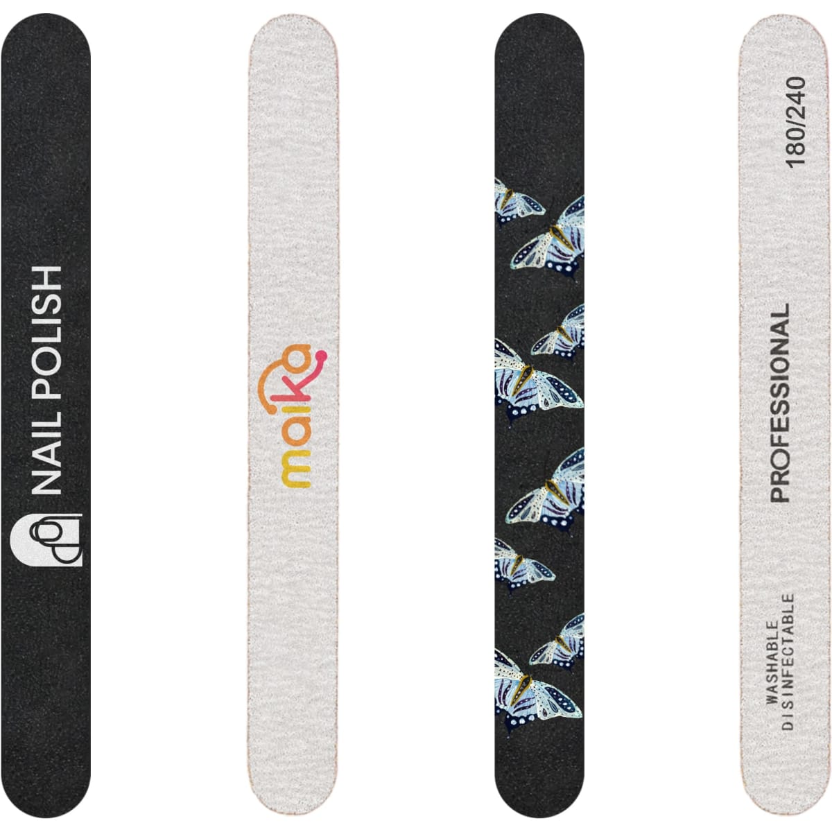 A set of nail files featuring decorative designs and various grit levels, including a butterfly pattern and a logo.