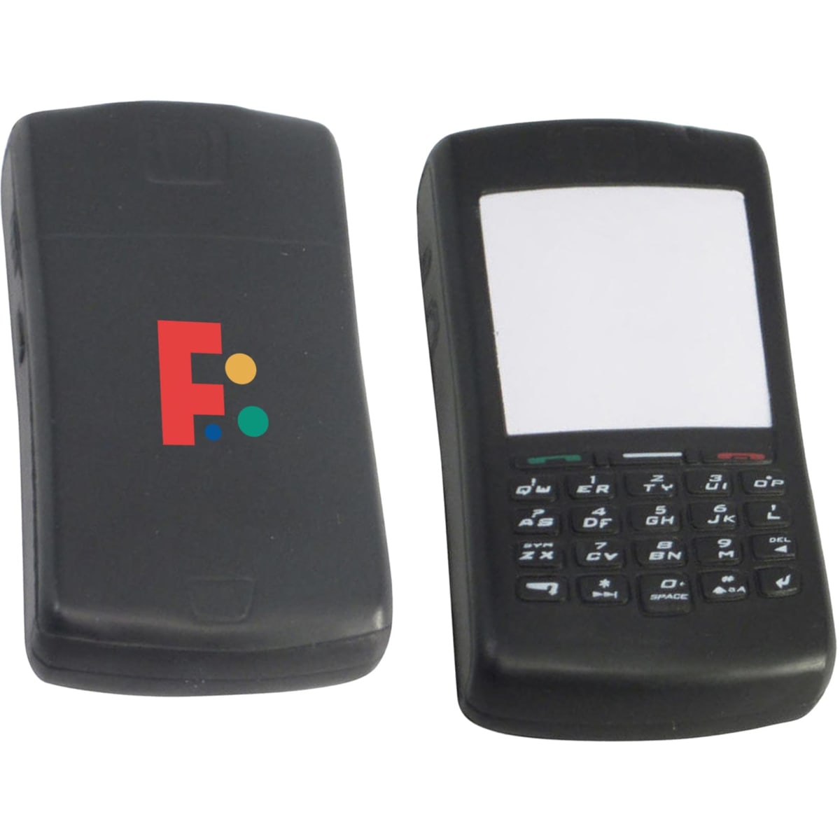 A black mobile phone-shaped stress reliever featuring a logo, designed for stress relief and fun.