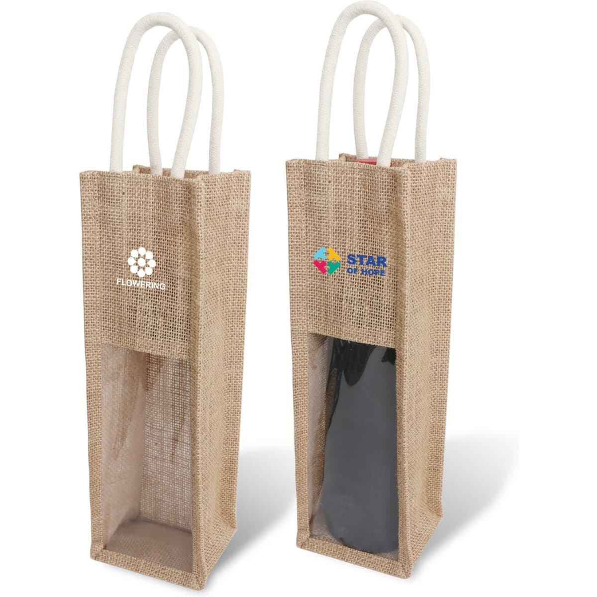 A jute wine carrier in natural beige with a transparent window and white rope handles. Features branding on one side.