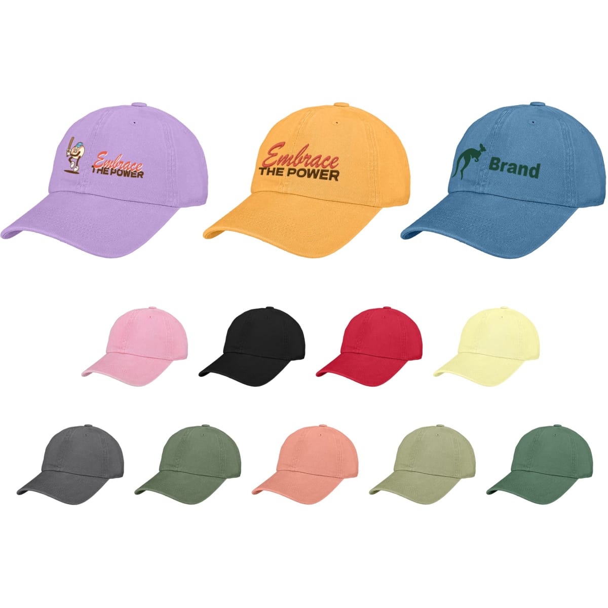 A variety of six-panel premium washed cotton baseball caps in purple, orange, blue, pink, black, red, yellow, grey, and green, featuring different logos.