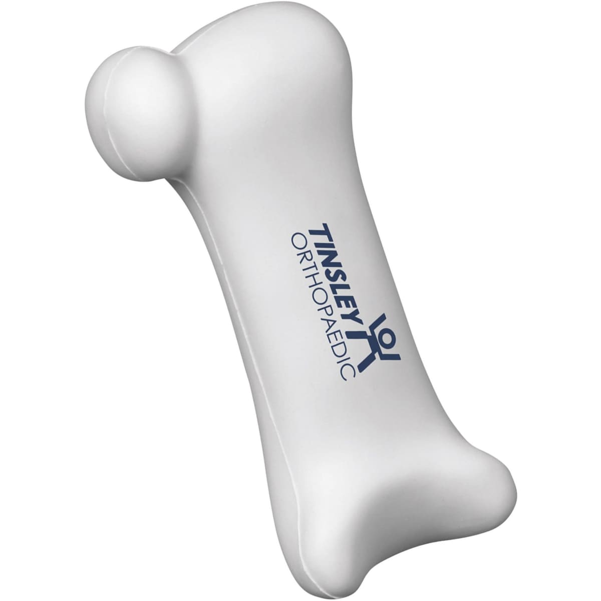 A white stress reliever shaped like a human bone, featuring a logo.