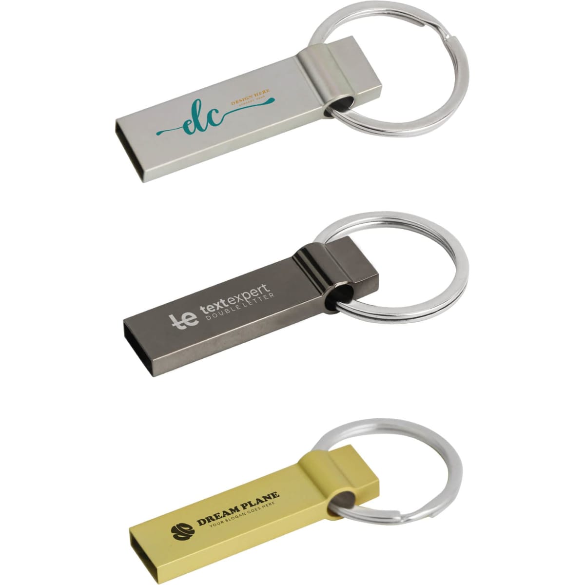 Three metal flash drives in silver, black, and gold, each attached to a keyring. Each has a logo or branding.