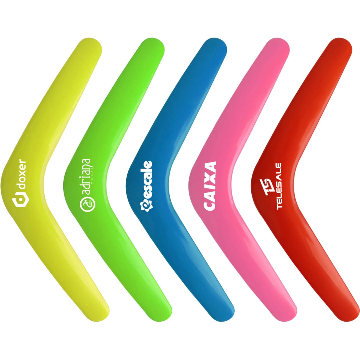 Five V-shaped boomerang toys in bright colours: yellow, green, pink, red, and orange, featuring various logos.