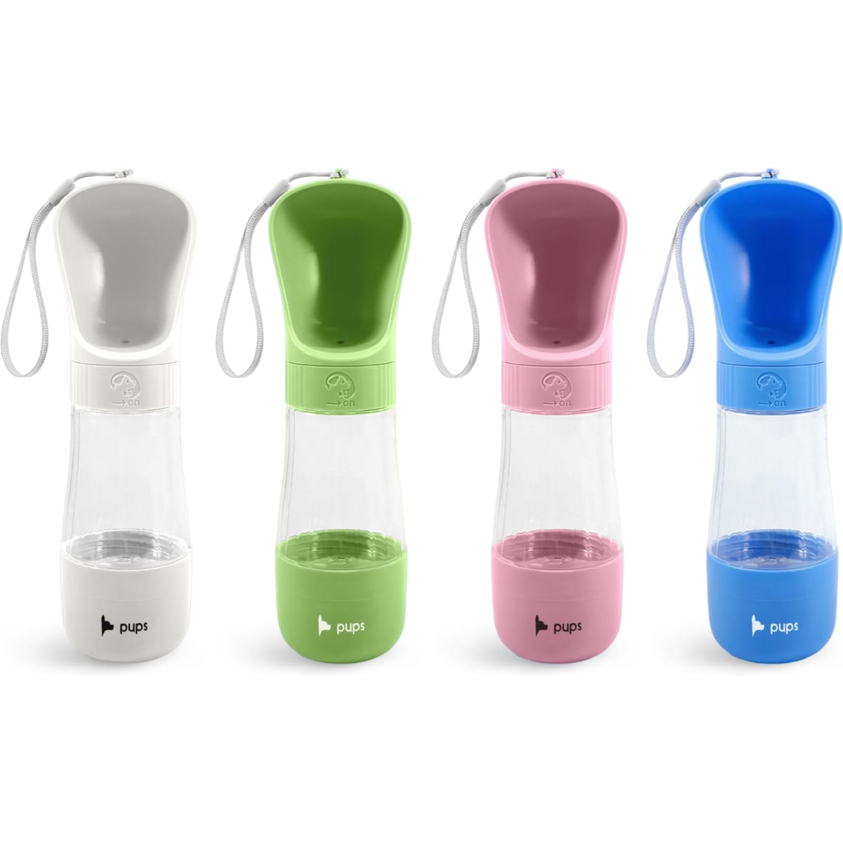 A drink bottle available in grey, green, pink, and blue, featuring a food container and a logo on the side.