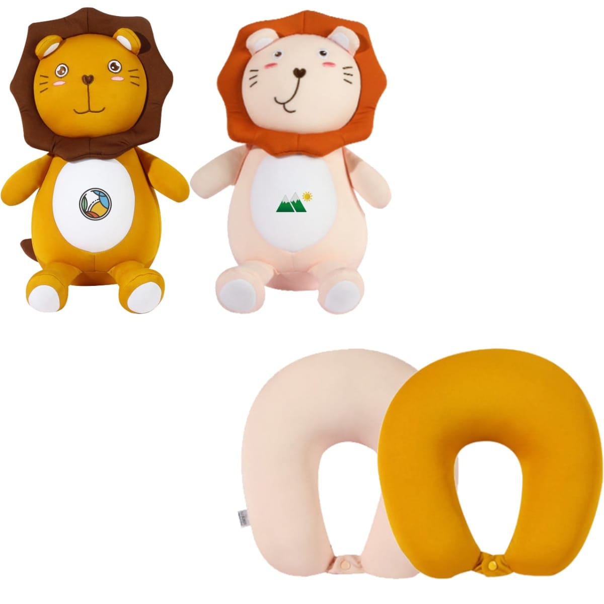 Lion-shaped 2-in-1 travel pillow features plush toys in yellow and beige with playful designs and a logo.