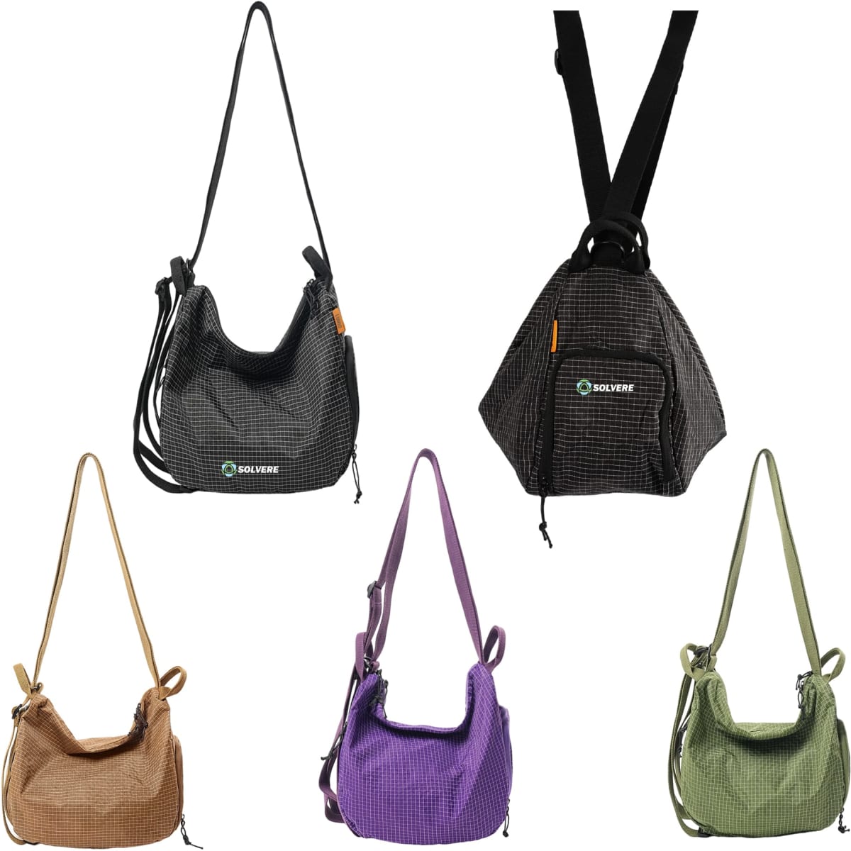 Five convertible lightweight backpack duffel bags in brown, black, purple, and green with various straps and a logo.