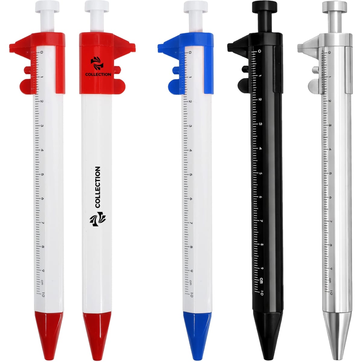 A set of caliper pens in red, blue, black, and silver, featuring measurement scales and branding on the barrel.