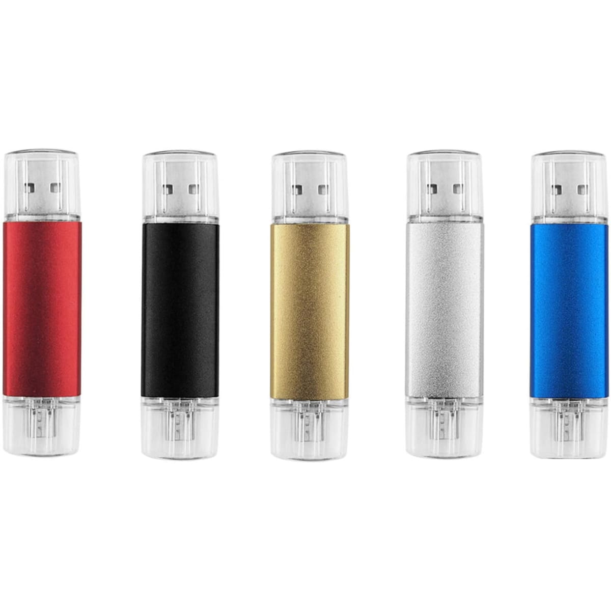 A set of five double-end Saturn Type C flash drives in red, black, gold, silver, and blue with clear casing.