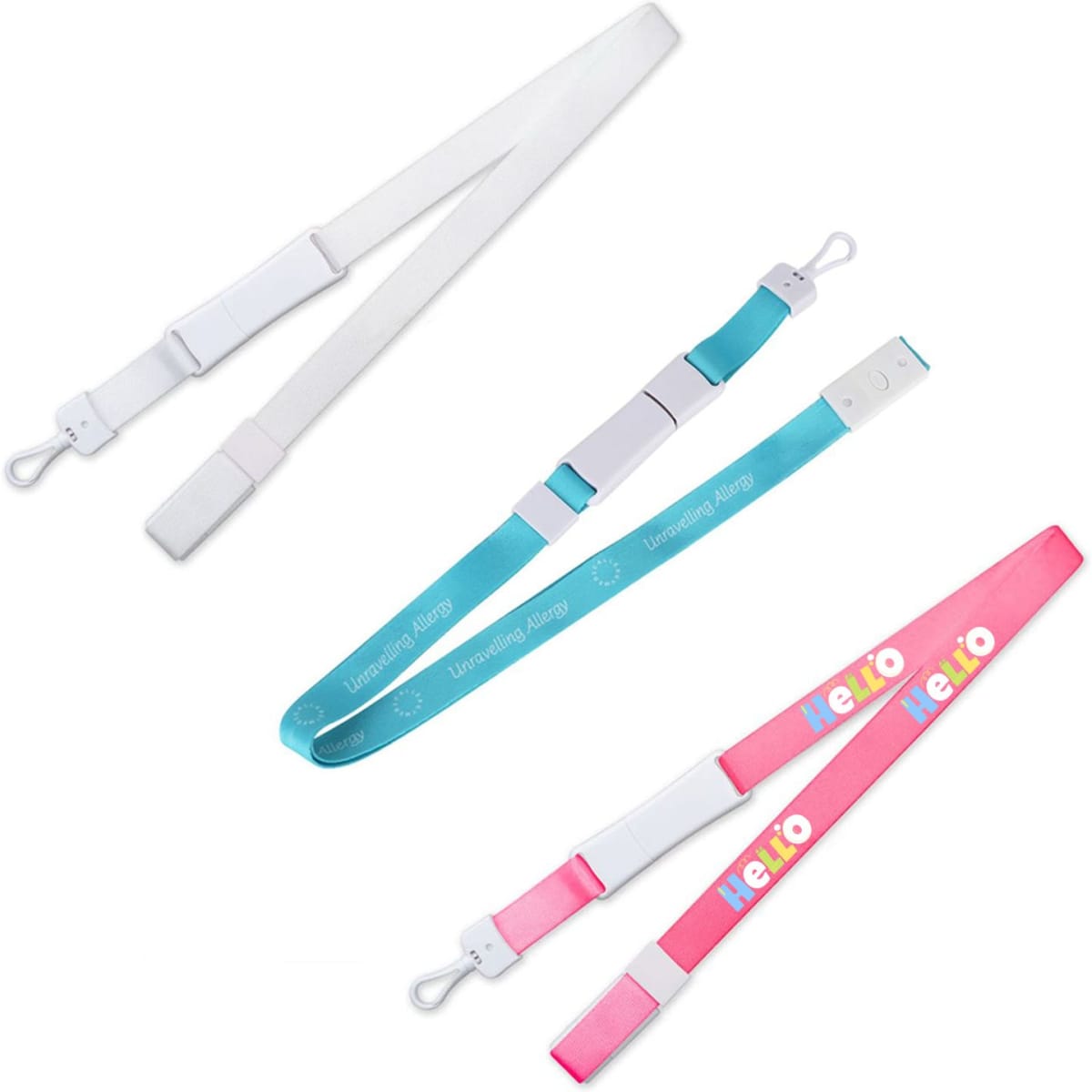 Three lanyards in white, teal, and pink colours, featuring clips and branded designs.