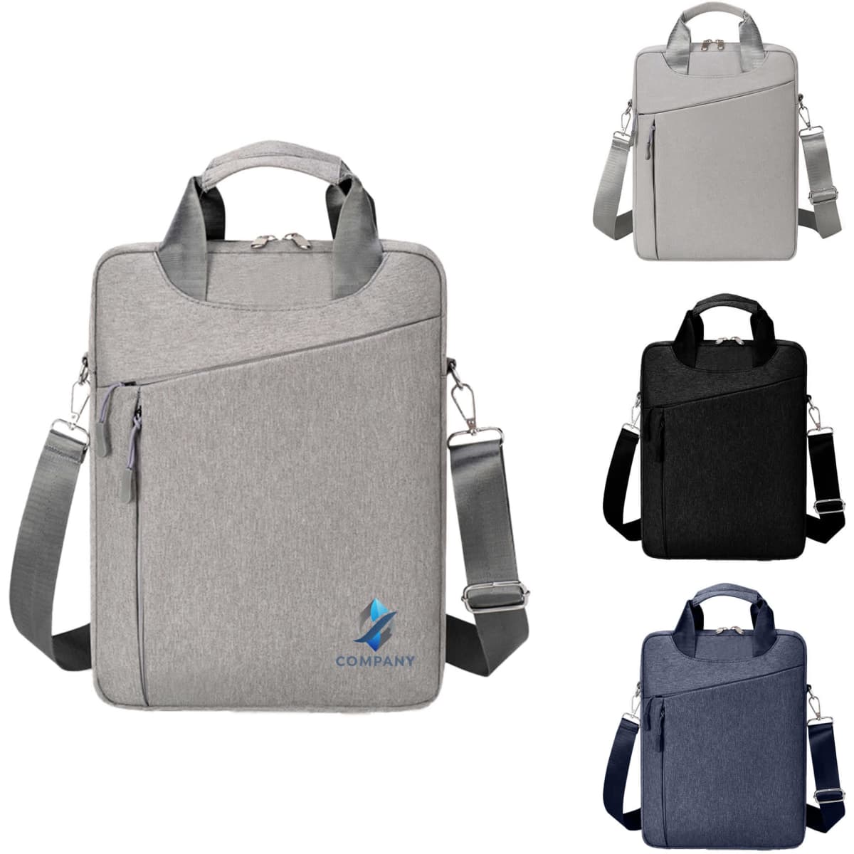 A collection of Business Sling Laptop Bags in grey, black, and navy blue with adjustable straps and logos.