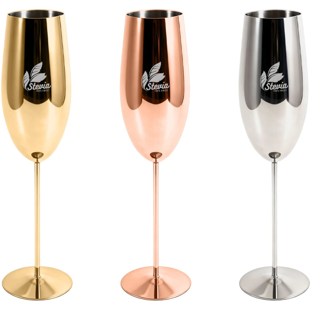 Three stainless steel champagne flutes in gold, rose gold, and silver, each with a logo on the front.