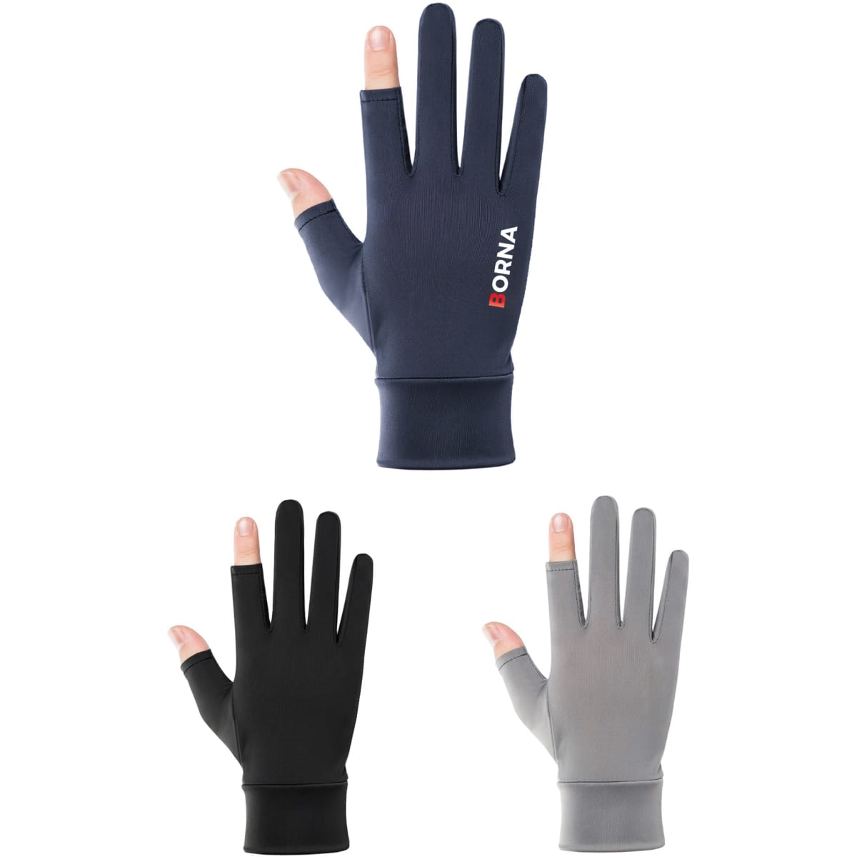Sun protective gloves with two open fingers, available in navy, black, and grey. Features a logo on the design.