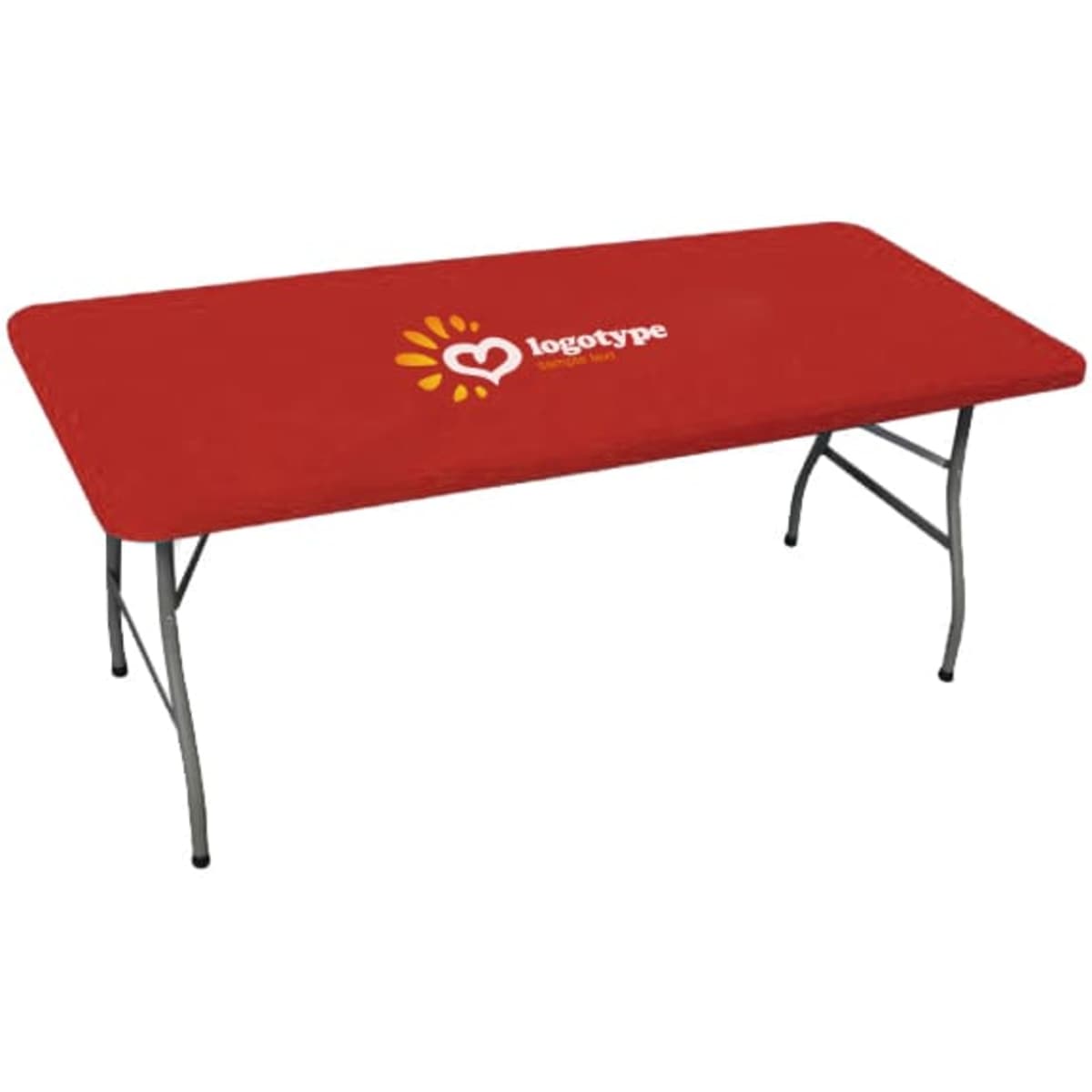 A red rectangle table topper for a 4ft table, featuring a logo in the centre. The table has folding metal legs.