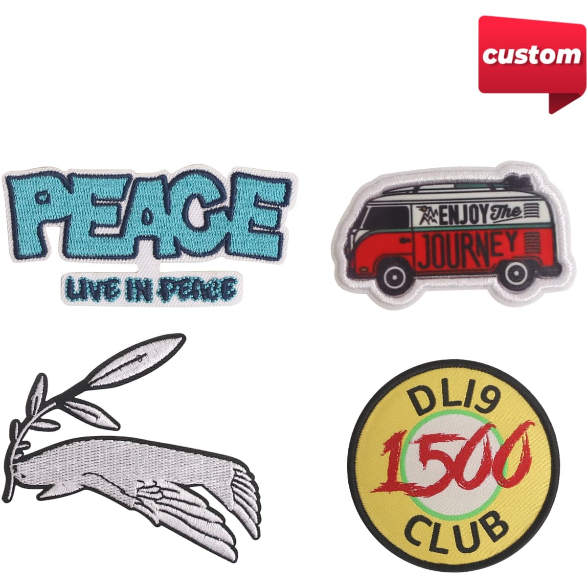 Four custom woven patches featuring various designs: a blue "Peace" patch, a red vintage van patch, a black and white feather patch, and a circular patch in yellow and red.