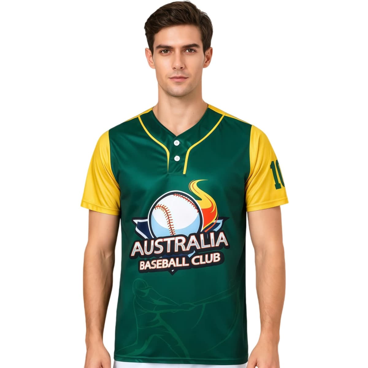A green and yellow men's baseball jersey featuring a logo and a 2-button design. Made from 100% polyester.