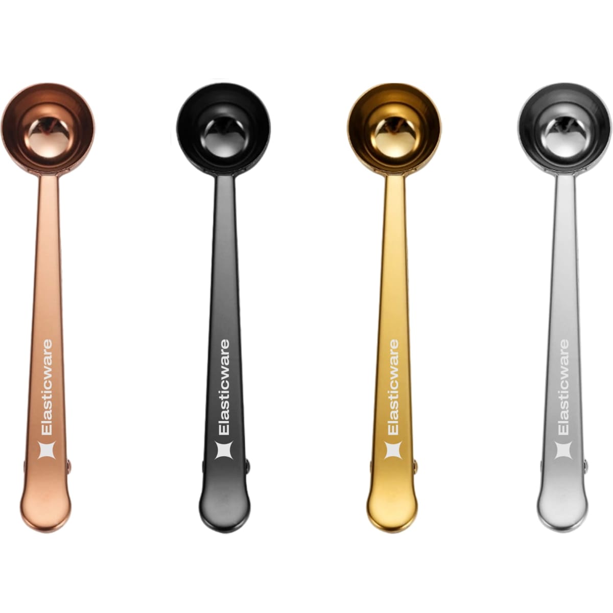 Coffee measuring spoons in copper, black, gold, and silver, with clips and a logo on the handles.