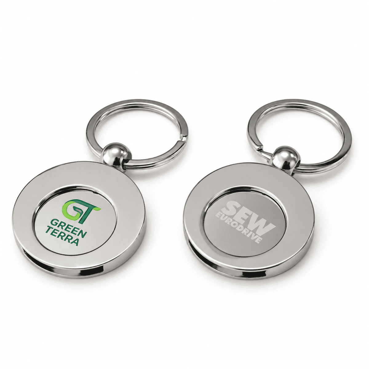 A round silver trolley coin keyring with a logo on one side and a blank surface on the other.