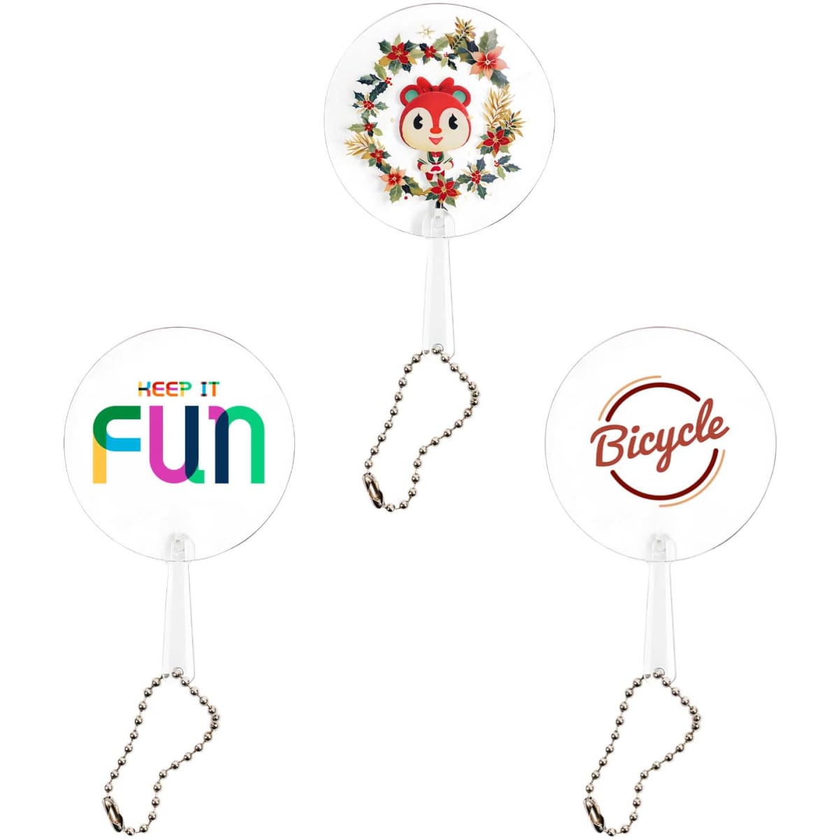 A Mini PVC hand fan featuring a keychain, decorated with bright colours and various playful designs.
