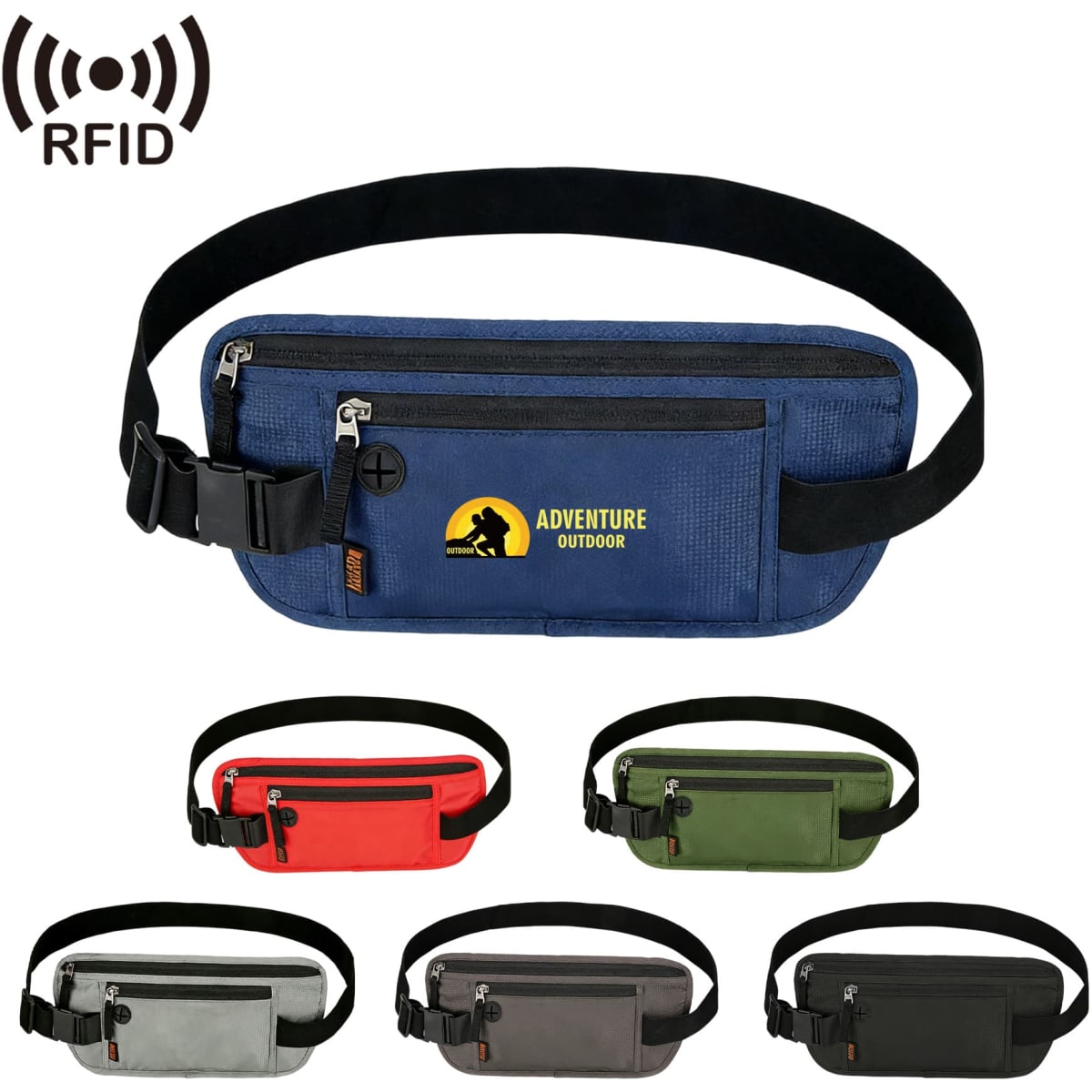 A range of Undercover Fanny Packs in blue, red, green, grey, and black, featuring RFID blocking and a logo.