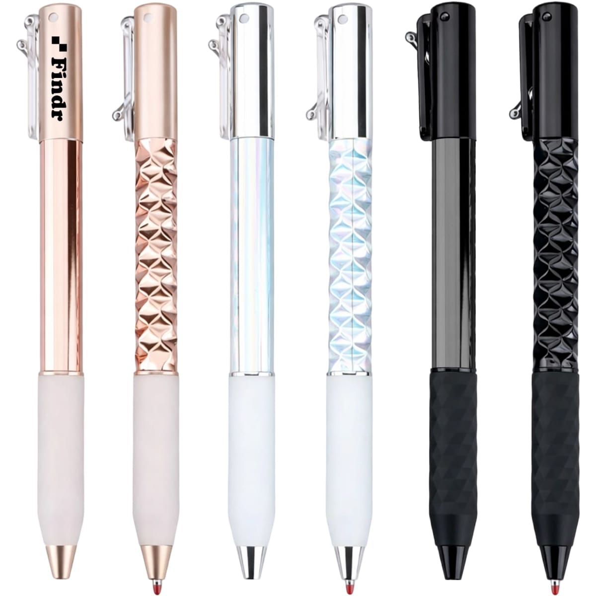 A set of four pens featuring rose gold, iridescent, black, and white designs, each with a unique textured grip.