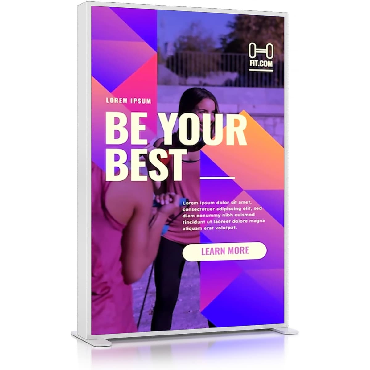 A backlit LED light box display in a sleek frame, featuring vibrant purple and orange graphics, with a logo visible.