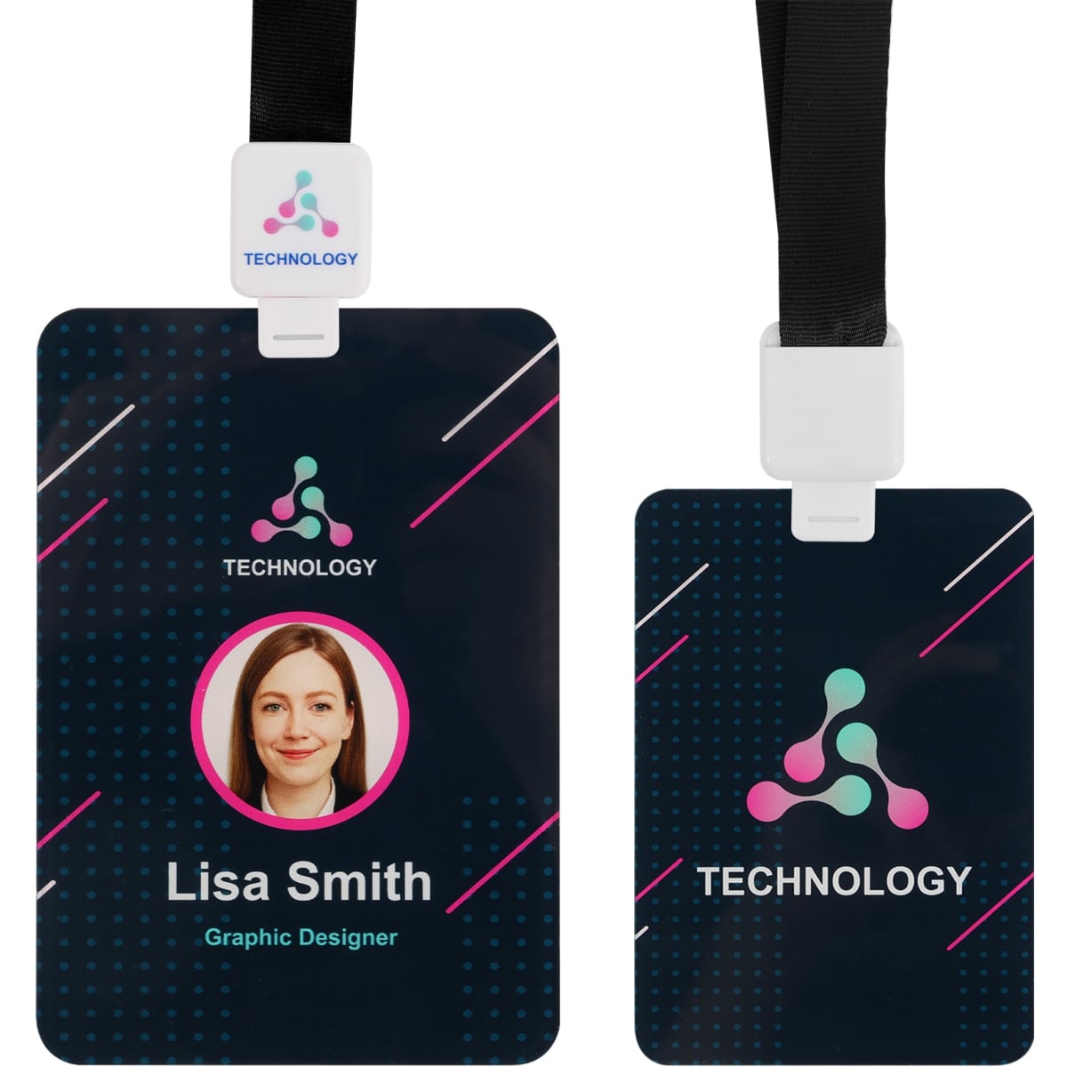 Acrylic name tag in dark colours with a circular photo holder, featuring a black strap and a logo.