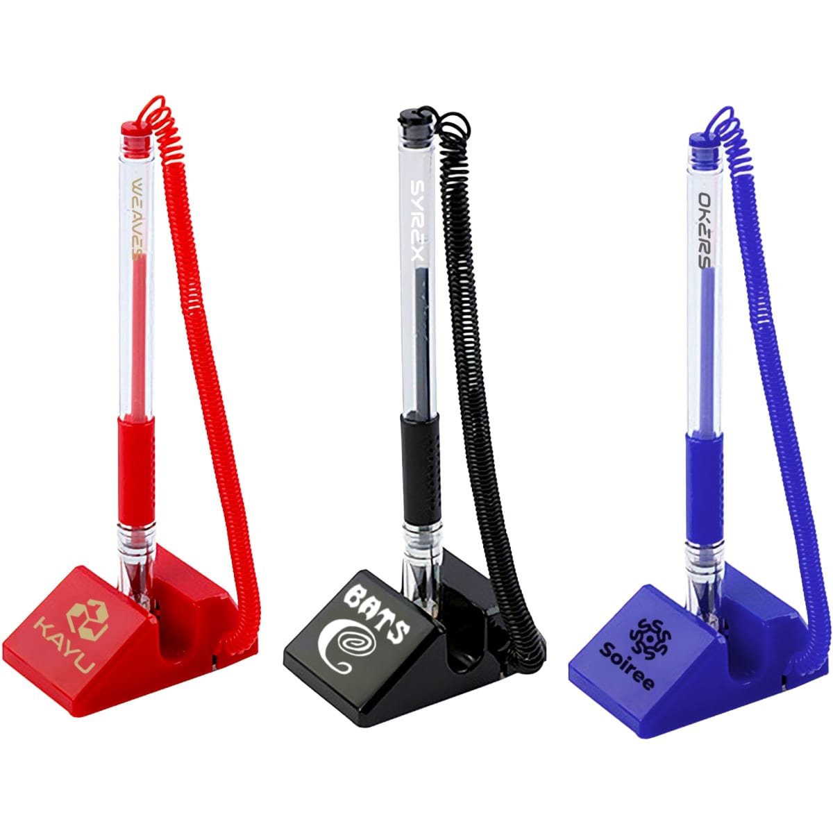 A counter fixed signature pen set featuring red, black, and blue pens attached to bases with branding logos.