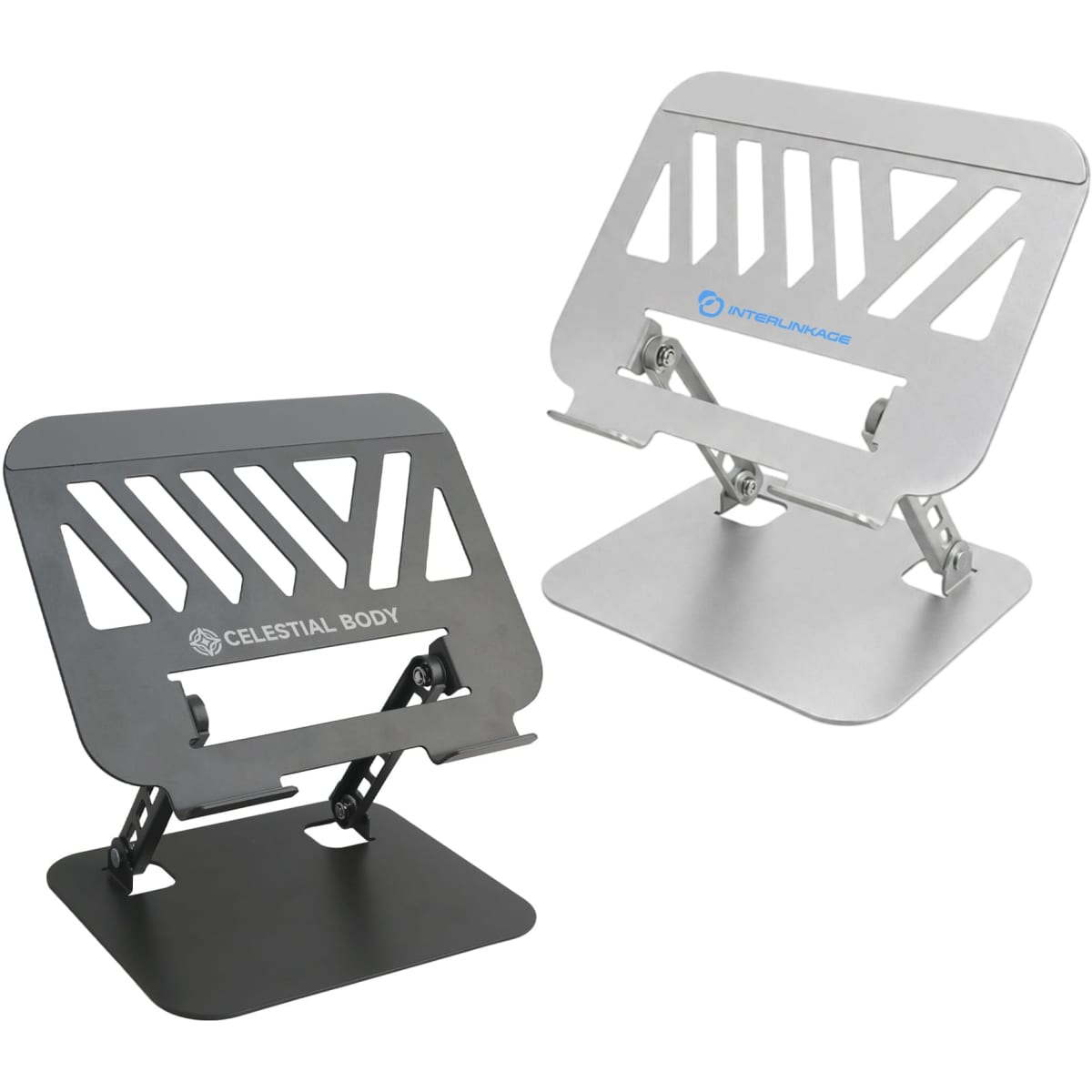 Two foldable metal laptop stands in black and silver, featuring adjustable angles and a branding logo on one.