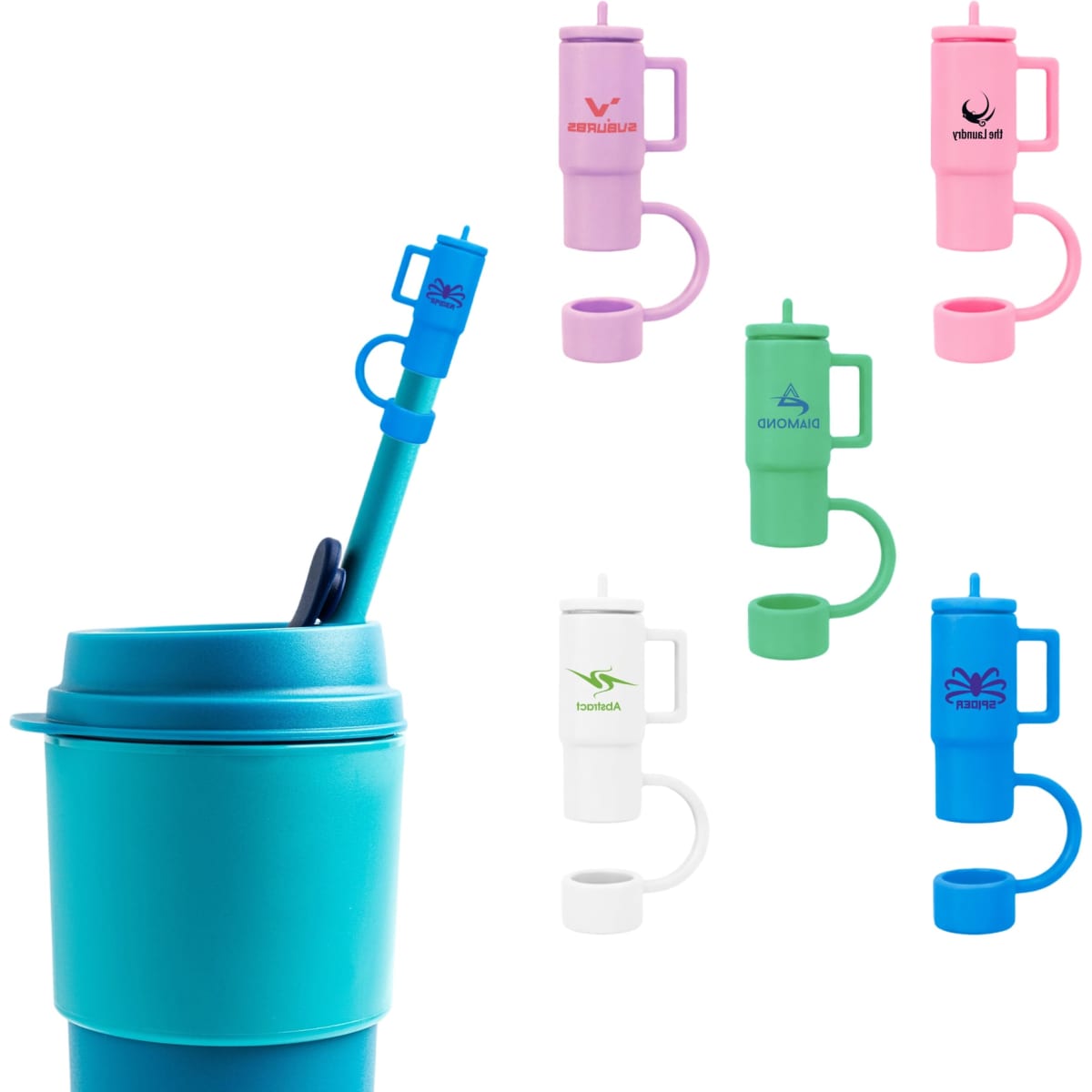 A drink bottle features a blue silicone straw cover, with additional pink and white versions displayed nearby. Each has a logo.