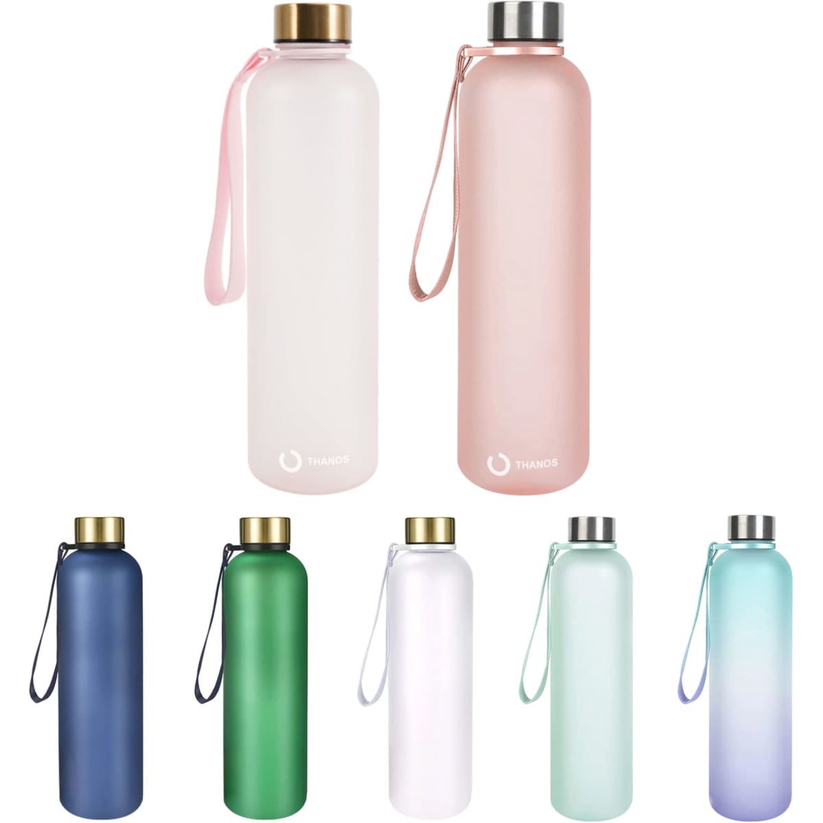A drink bottle in various colours, including green, blue, pink, and white, with a metal lid and a carrying strap.