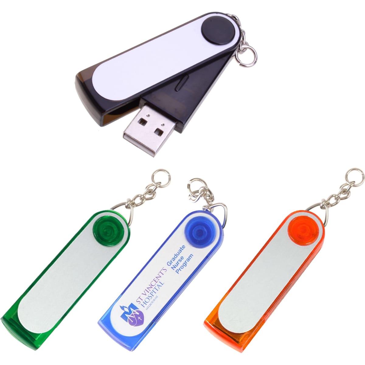 A set of four flash drives in black, green, blue, and orange, each with a keychain attachment and a logo.