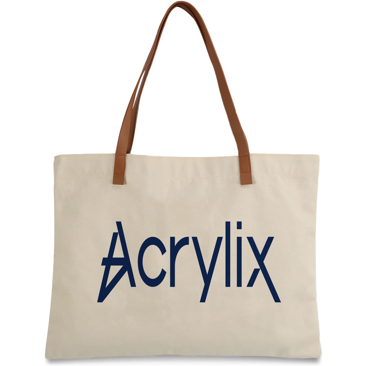 A canvas bag in beige with brown leather straps and a logo in navy blue.